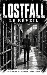 Couverture de LOSTFALL : Le Réveil, un roman de survie interactif. Un homme armé d’un couteau avance dans le couloir d’une prison tandis que les morts tendent les bras à travers les barreaux.