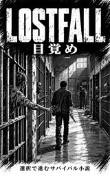 『LOSTFALL:目覚め』の表紙。選択で進むサバイバル小説。ナイフを手にした男が刑務所の廊下を進み、鉄格子の間から死者が腕を伸ばしている。