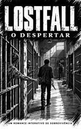 Capa de LOSTFALL: O Despertar, um romance interativo de sobrevivência. Um homem com uma faca percorre o corredor de uma prisão enquanto os mortos estendem os braços por entre as grades.