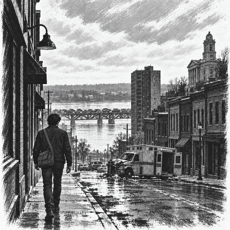 A man walks down a street past a damaged ambulance. A bridge crowded with cars crosses the river below.