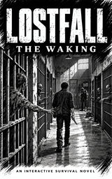 Book cover of LOSTFALL: The Waking, an interactive survival novel. A man holding a knife walks down a prison corridor while the dead reach through the bars.